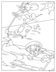 Jerry on cheese scooter and Tom on skateboard coloring page