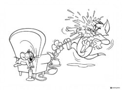 Jerry spraying Tom with water from a flower coloring page