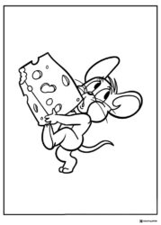 Jerry struggling to carry a giant cheese block coloring page