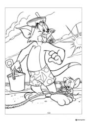 Jerry tying Toms foot on the beach coloring page