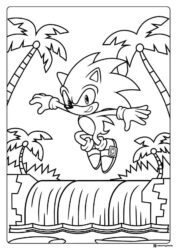 Jumping Sonic Coloring Sheet Over a Waterfall with Palm Trees