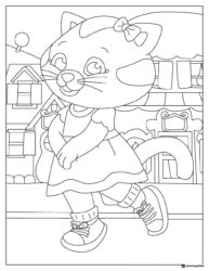 Katerina Kittycat Coloring Page walking in front of houses