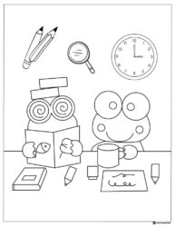 Keroppi Coloring Page Studying with Books and Clock