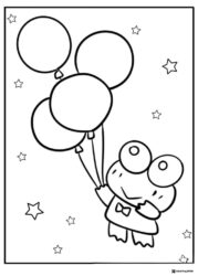 Keroppi Coloring Page flying with balloons and stars