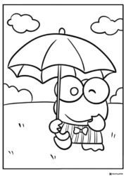 Keroppi Coloring Page holding an umbrella under clouds