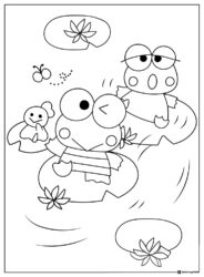 Keroppi Coloring Page on Lily Pads with Friends