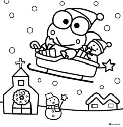 Keroppi Coloring Page on a Sleigh with Gifts