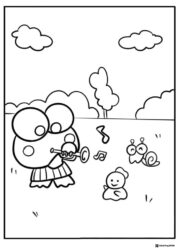 Keroppi Coloring Page playing trumpet outdoors
