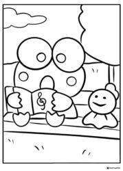 Keroppi Coloring Page reading a book on a bench