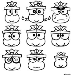Keroppi Coloring Page with nine different facial expressions