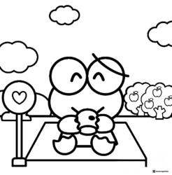 Keroppi Coloring Sheet eating an apple in an orchard