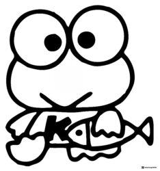 Keroppi Coloring Sheet holding a fish