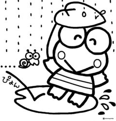 Keroppi Coloring Sheet jumping in a puddle with a snail
