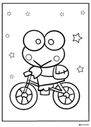 Keroppi Coloring Sheet riding a bicycle with stars