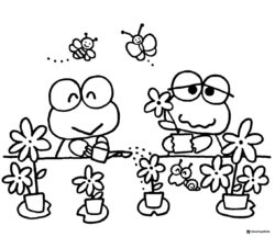 Keroppi Coloring Sheet watering flowers with bugs