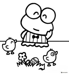 Keroppi Coloring Sheet with chicks flower and an Easter egg