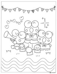 Keroppi Family Coloring Page with Banners and Hearts