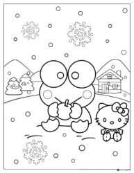 Keroppi and Hello Kitty coloring page in a snowy scene
