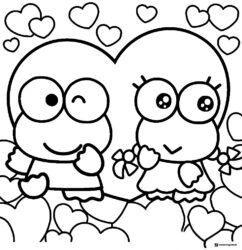 Keroppi and Keroleen couple coloring page with hearts