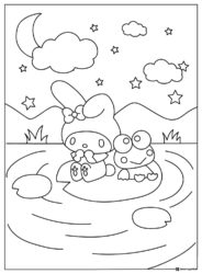 Keroppi and My Melody sitting on a lily pad at night