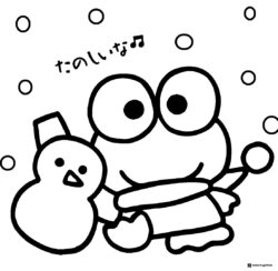 Keroppi and a snowman in falling snow coloring page