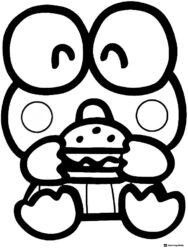 Keroppi coloring page happily eating a hamburger