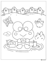 Keroppi coloring page having a donut picnic outdoors