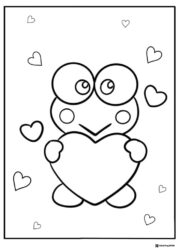 Keroppi coloring page holding a big heart with small hearts