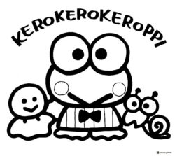 Keroppi coloring page with friends and KEROKEROKEROPPI text
