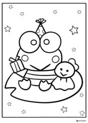 Keroppi coloring sheet at a party with a gift and friend