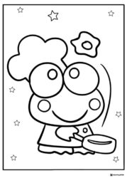 Keroppi coloring sheet dressed as a chef with a frying pan