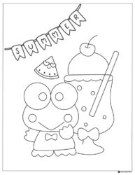 Keroppi enjoying summer with a drink and watermelon slice