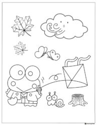 Keroppi flying a kite with a snail and butterflies