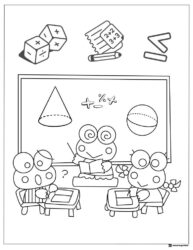 Keroppi in a math class coloring page with shapes and dice