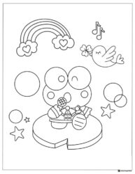 Keroppi singing with a microphone under a rainbow coloring page