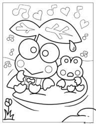 Keroppi under a leaf with a baby frog coloring page