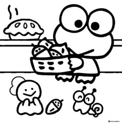 Keroppi with pie and berries coloring page with friends