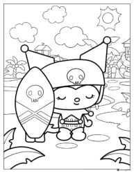 Kuromi Beach Coloring Page with Surfboard