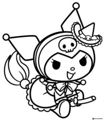 Kuromi Coloring Page Riding Broomstick with Witch Hat