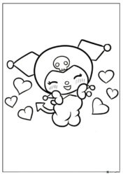 Kuromi Coloring Page Surrounded by Flying Hearts
