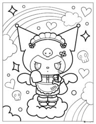 Kuromi Coloring Page with Rainbows and Clouds