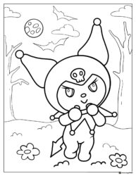 Kuromi Coloring Sheet in a Spooky Landscape with Moon and Bats