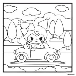 Kuromi Driving a Car through a Forest with Clouds Coloring Page