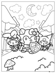 Kuromi My Melody and Hello Kitty knights coloring page