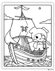 Kuromi Pirate on a Ship with Skull Sail Coloring Page