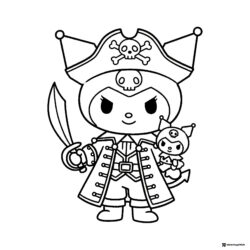 Kuromi Pirate with Sword and Mini Kuromi Coloring Page