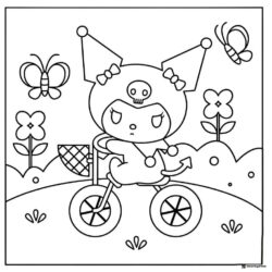 Kuromi Riding a Bicycle with Butterflies and Flowers Coloring Page