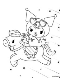 Kuromi Riding a Horse with Heart Sunglasses and Stars Coloring Page