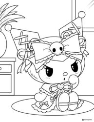 Kuromi Sitting with Bows and Ribbons in a Room Coloring Page