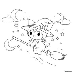 Kuromi Witch Riding Broomstick with Moons and Stars